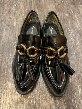 Circus by Sam Edelman Black Patent Loafers with Gold Chain and Black Tassels